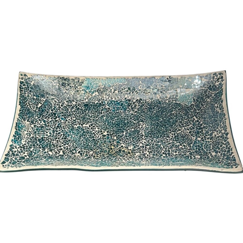 AURORA NY Hand Crafted India Ink Ice Blue Iridescent Mosaic Vanity Tray 14"x8"